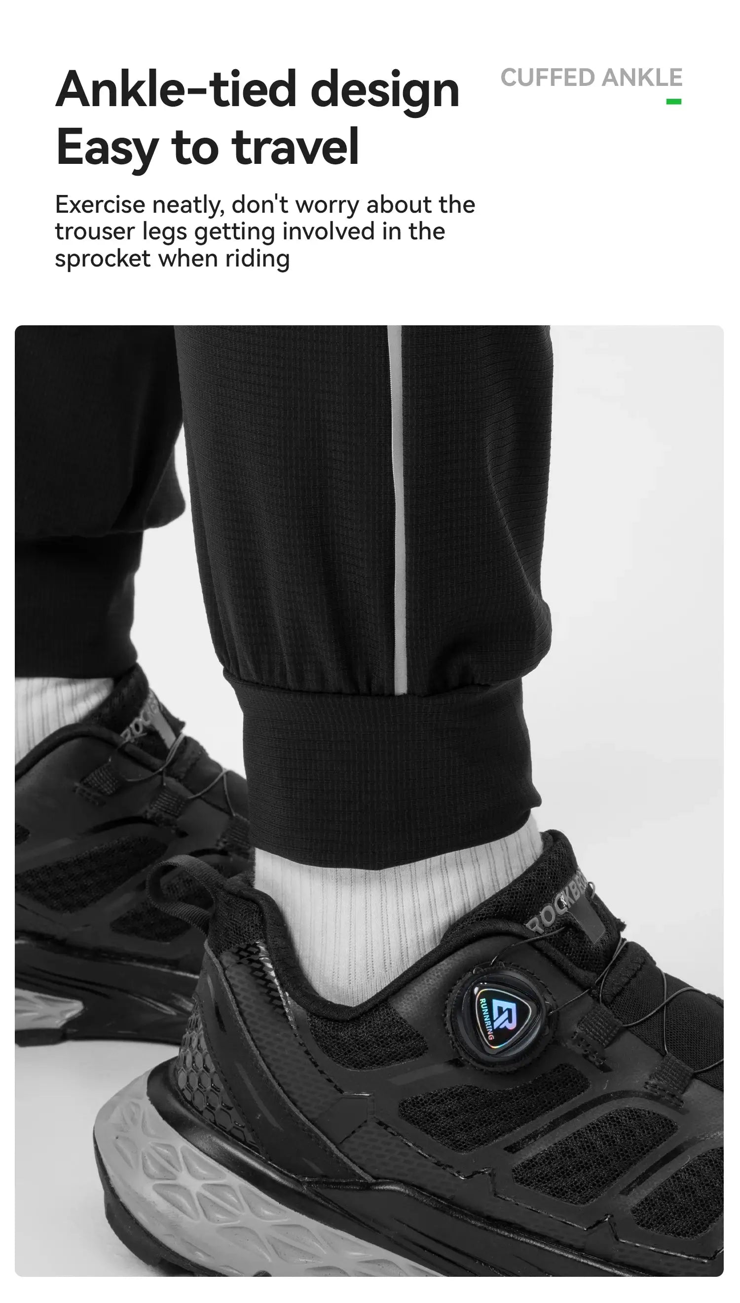 ROCKBROS sport pants in black with cuffed hem and reflective side stripe