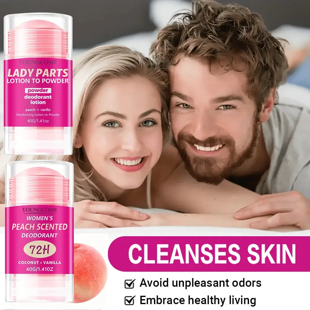 Two peach-scented body odor remover antiperspirant sticks in pink packaging, 40g each, by YoungCome.