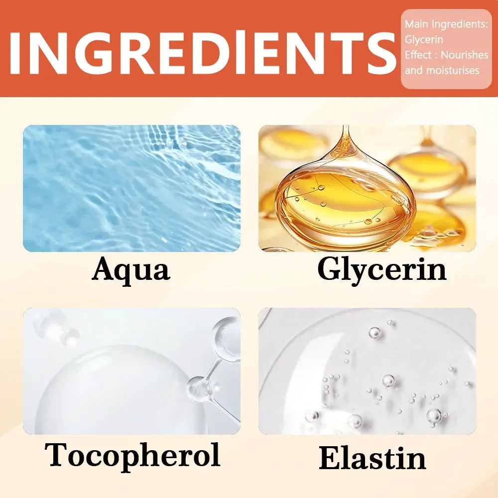 New Heat massage cream ingredient panel with 4 ingredients: Aqua, Glycerin, Tocopherol, Elastin