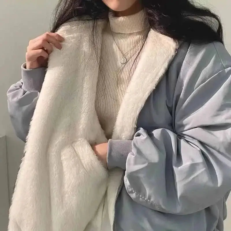 Smvp Women Winter Double Sided Hooded Fleece Parka Coat Cotton Polyester Cashmere Blend Lightweight Warmth