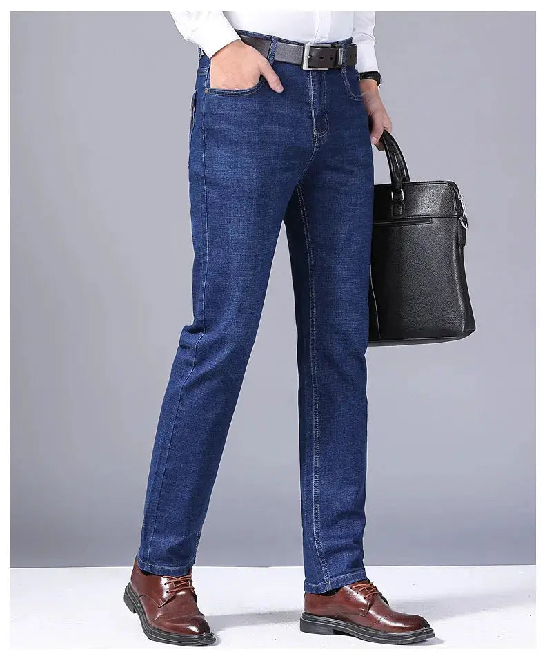 Men's blue denim straight jeans with slim stretch fit, five-pocket design