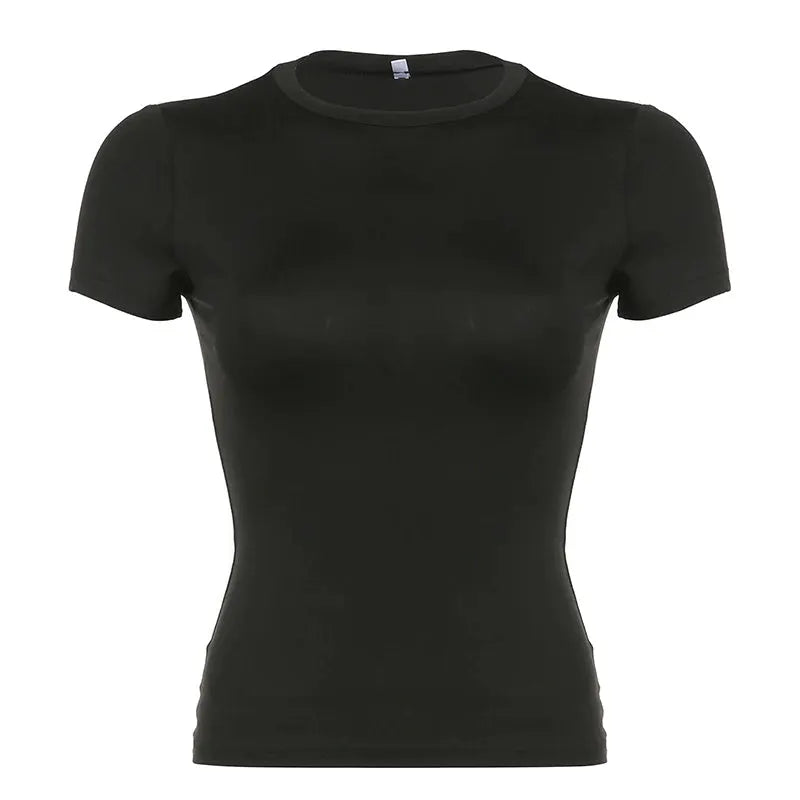 Womens Solid Crop Top Short Sleeve Crewneck T Shirt Skinny Fit Summer Casual Y2K Vintage Harajuku Streetwear