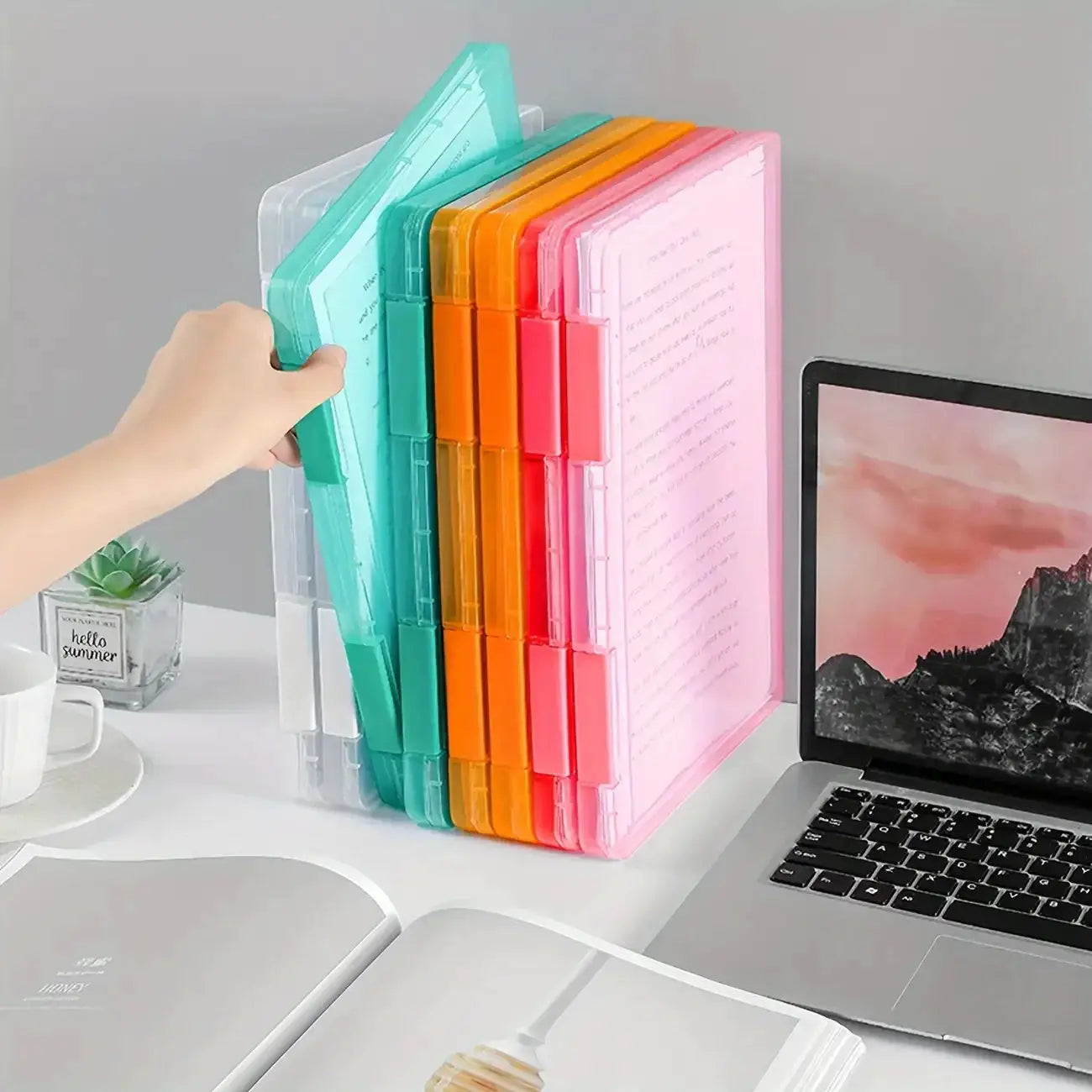 1pc multi-layer portable file box, transparent A4 PP plastic with colorful dividers.
