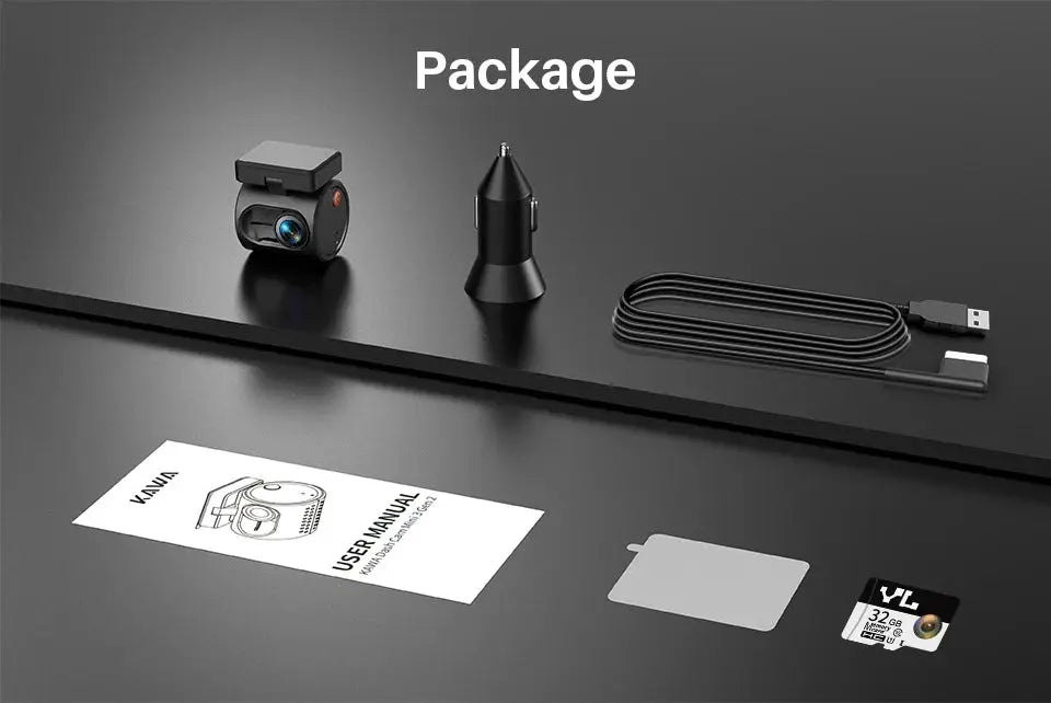 KAWA MINI 3 Gen2 dash cam package: black car DVR with USB cable, car charger, mounting plate, 32GB microSD card, manual.