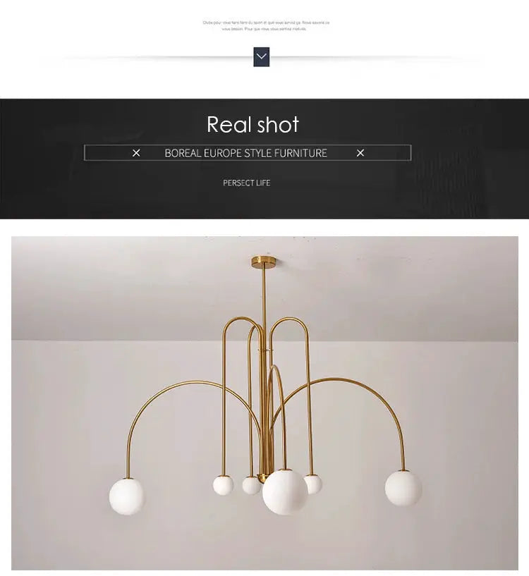 Nordic minimalist pendant chandelier in brass finish with white globe bulbs