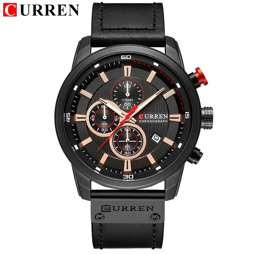 Curren 8291 men's quartz chronograph watch with black leather strap and rose gold-tone dial accents