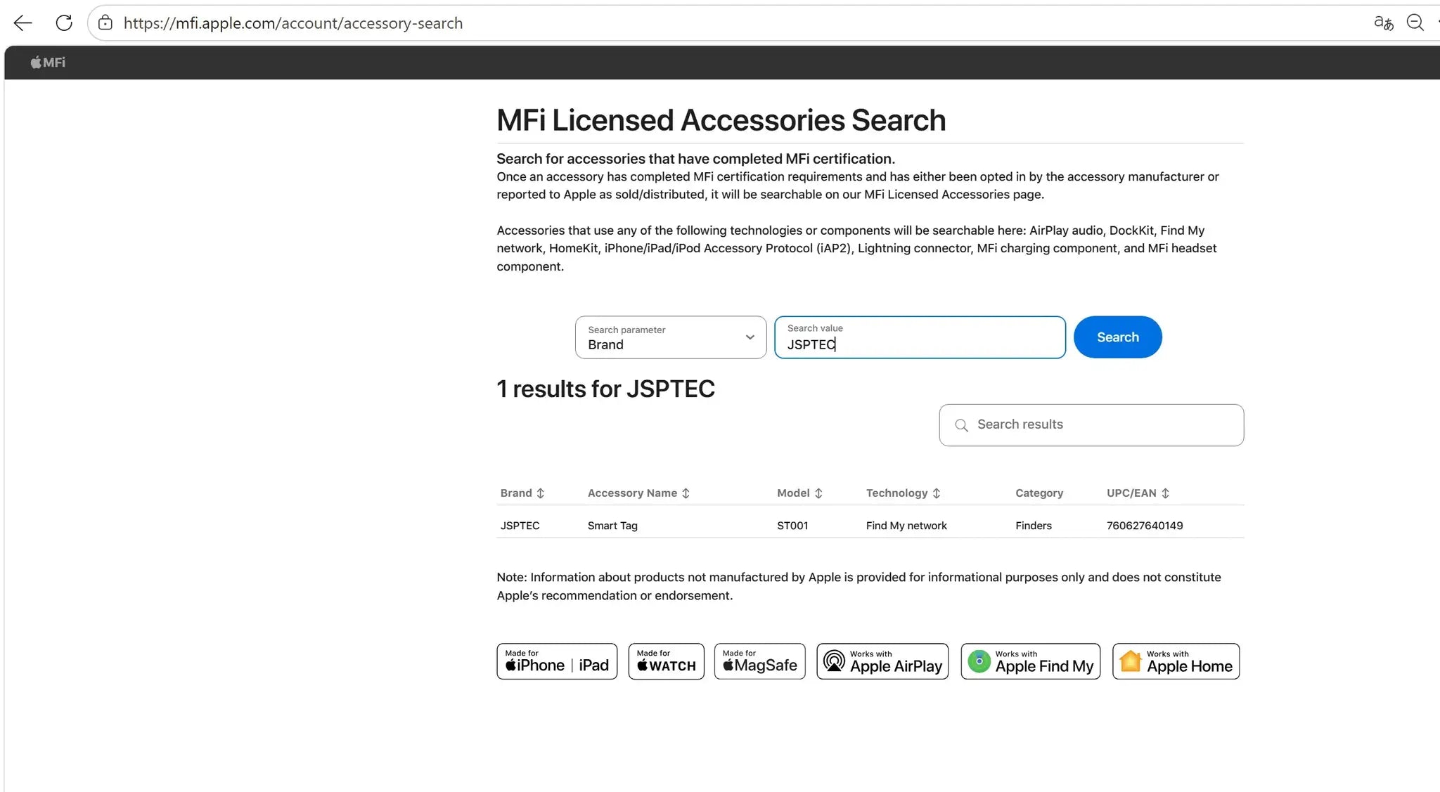 JSPTEC Smart Tag on Apple MFi Licensed Accessories page, Find My network Finder, model ST001.