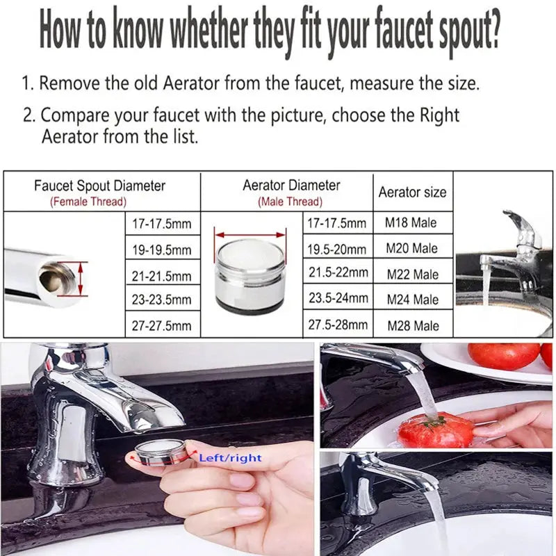 Simples Market brass water-saving faucet aerator with replaceable filter and 24mm thread, shown with installation steps and water flow demo.