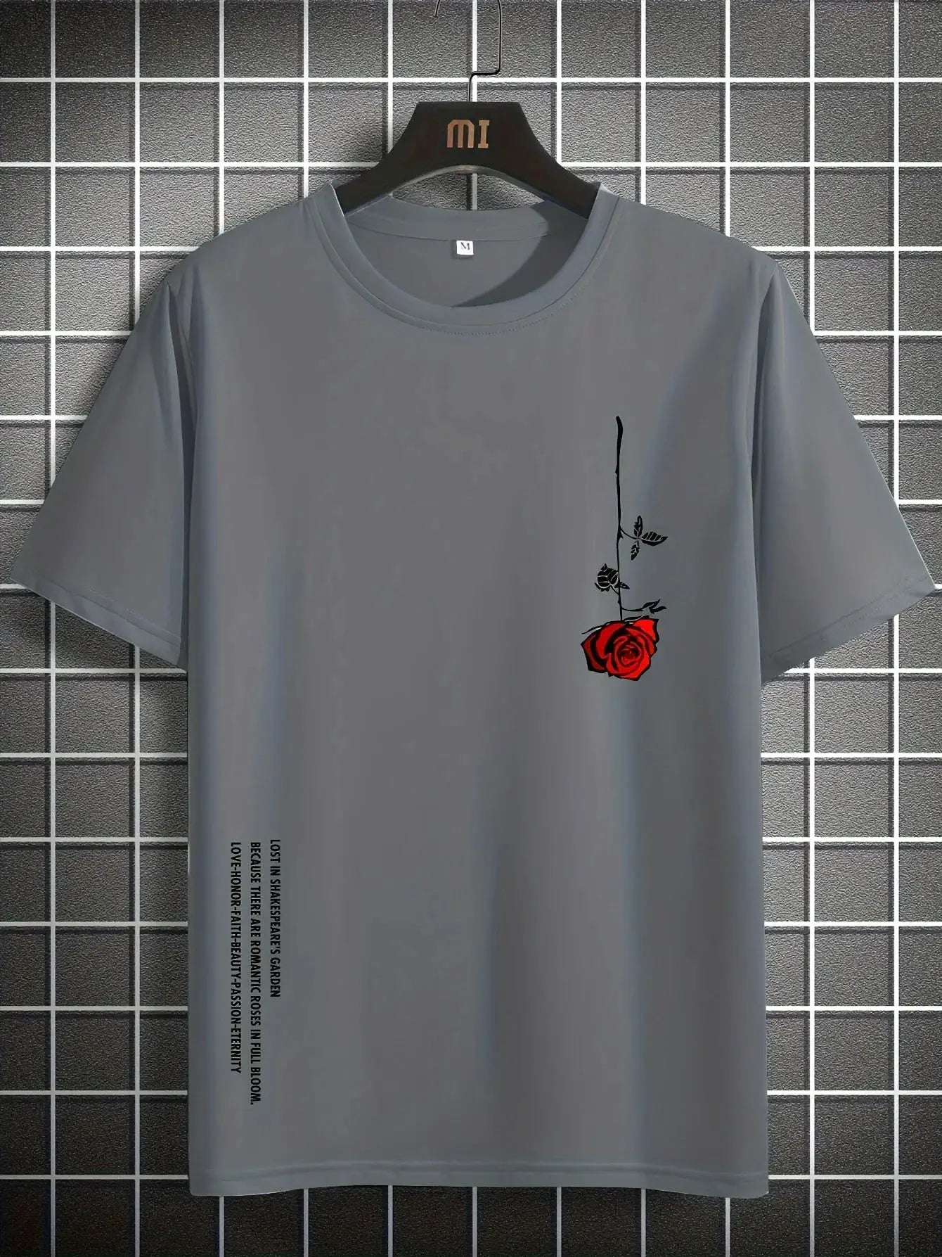 Men's 100 Percent Cotton Rose Print T Shirt Summer Casual Slim Fit Round Neck Short Sleeve Top