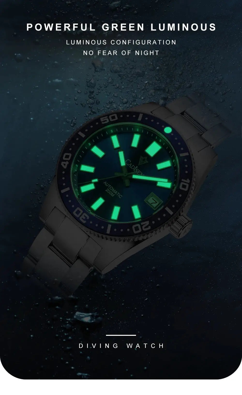 CADISEN diver watch, 38mm, automatic mechanical with sapphire glass, date, luminous green dial, 100m water resistant