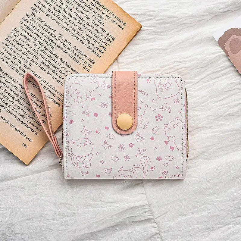 Cat girls wallet by Simples Market for women with pink strap and zipper closure