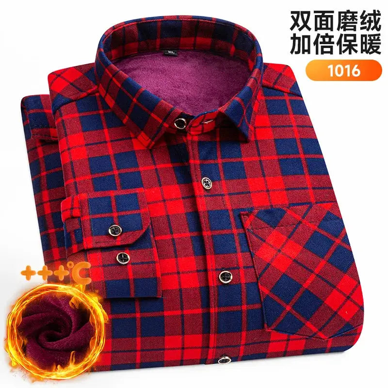 Men's plaid fleece-lined long-sleeve shirt in red and navy with button front.