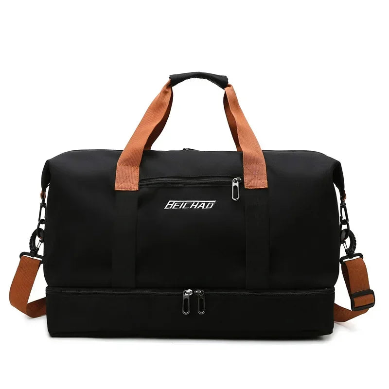Large-capacity travel gym bag by BEICHAO, black with orange handles and detachable shoulder strap