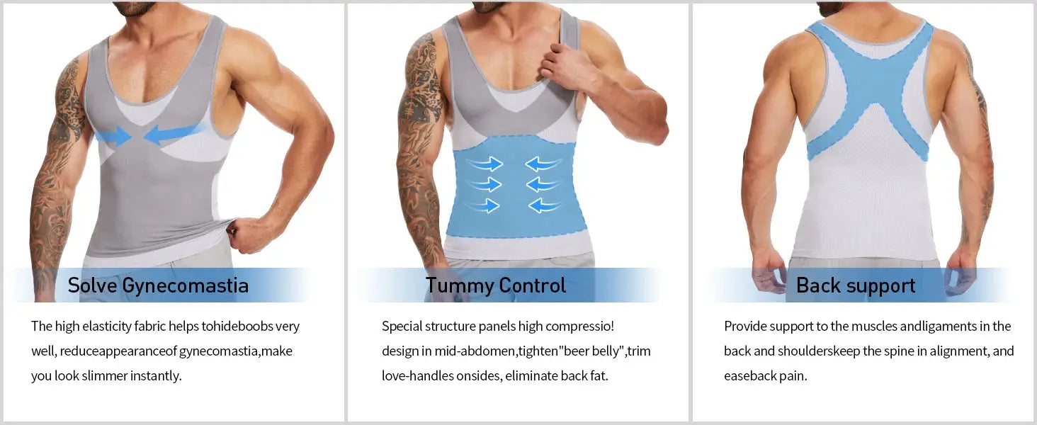 Simples Market men's shapewear body shaper T-shirt, gray sleeveless compression top with tummy control