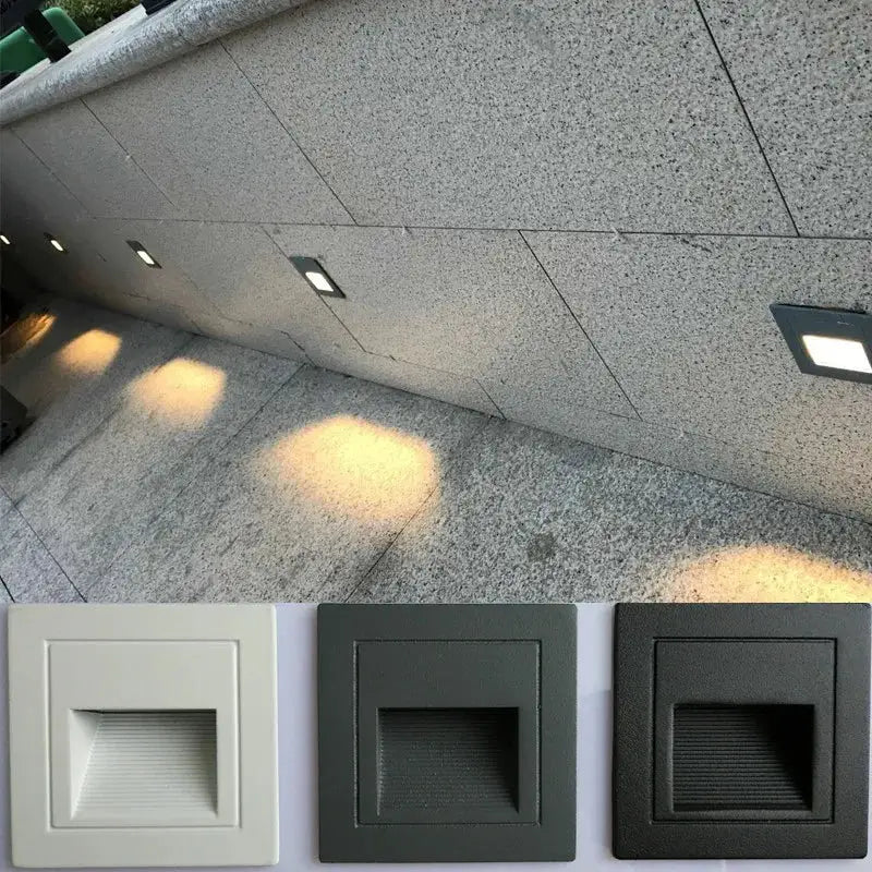 LED wall lamp 5W waterproof recessed stair step light; square frames in white, gray, and black.