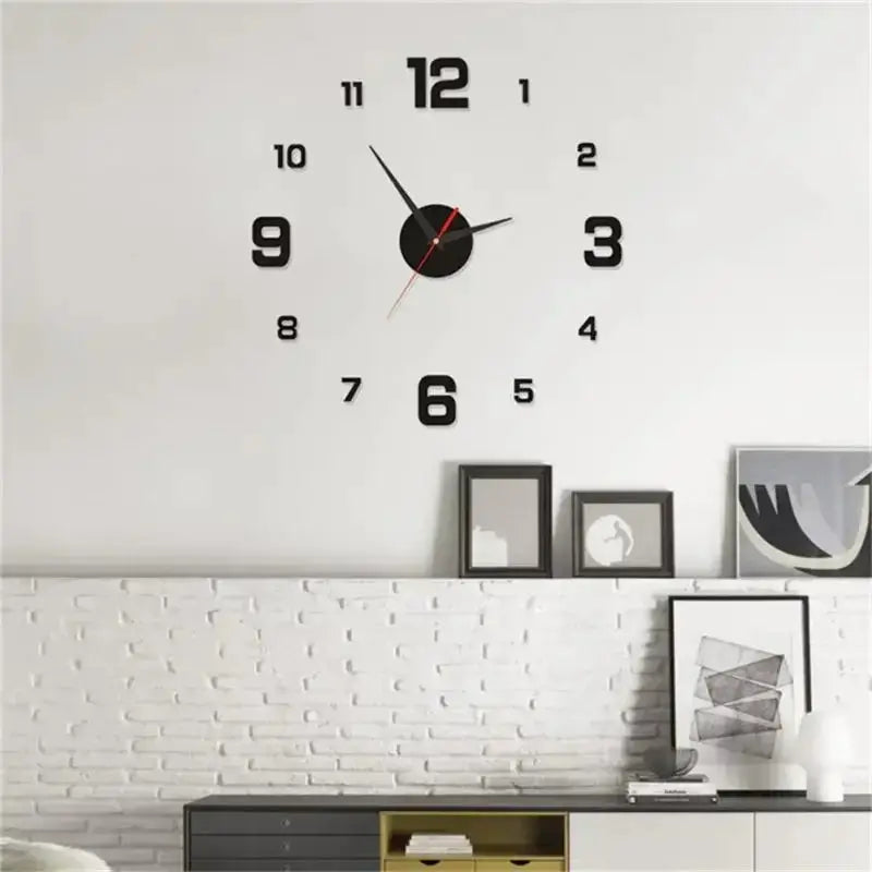 Wall clock with oversized black numerals and black hands on a white wall, red second hand