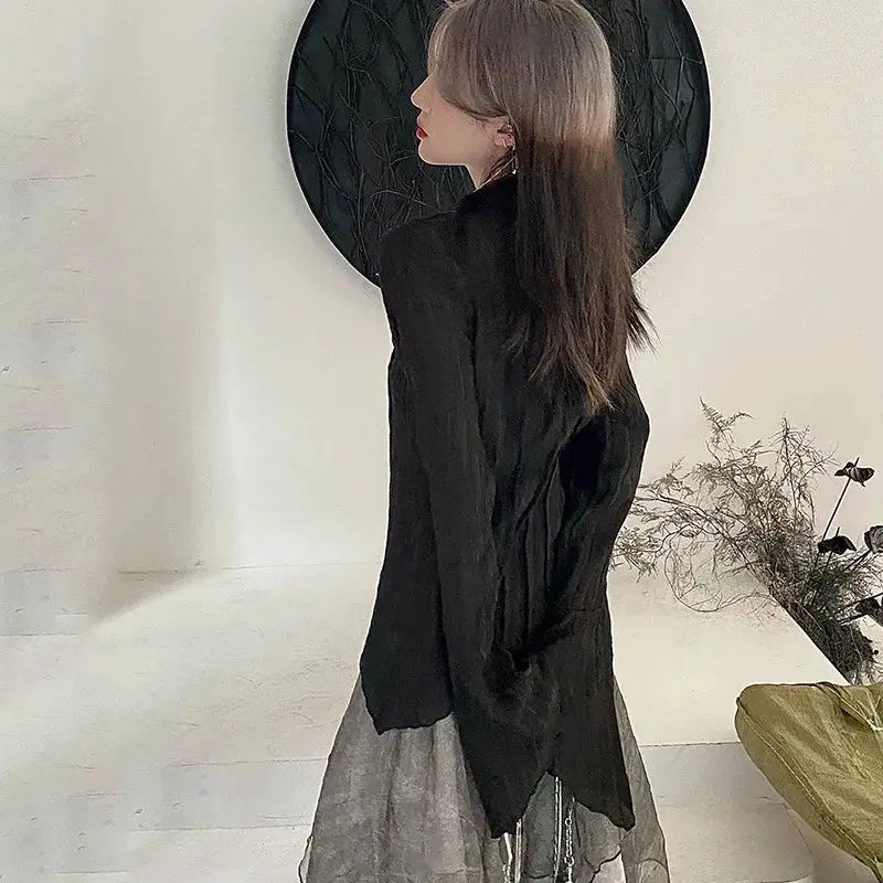 Karrram Gothic black shirt, Yamamoto-inspired women’s blouse with irregular hem and draped long sleeves