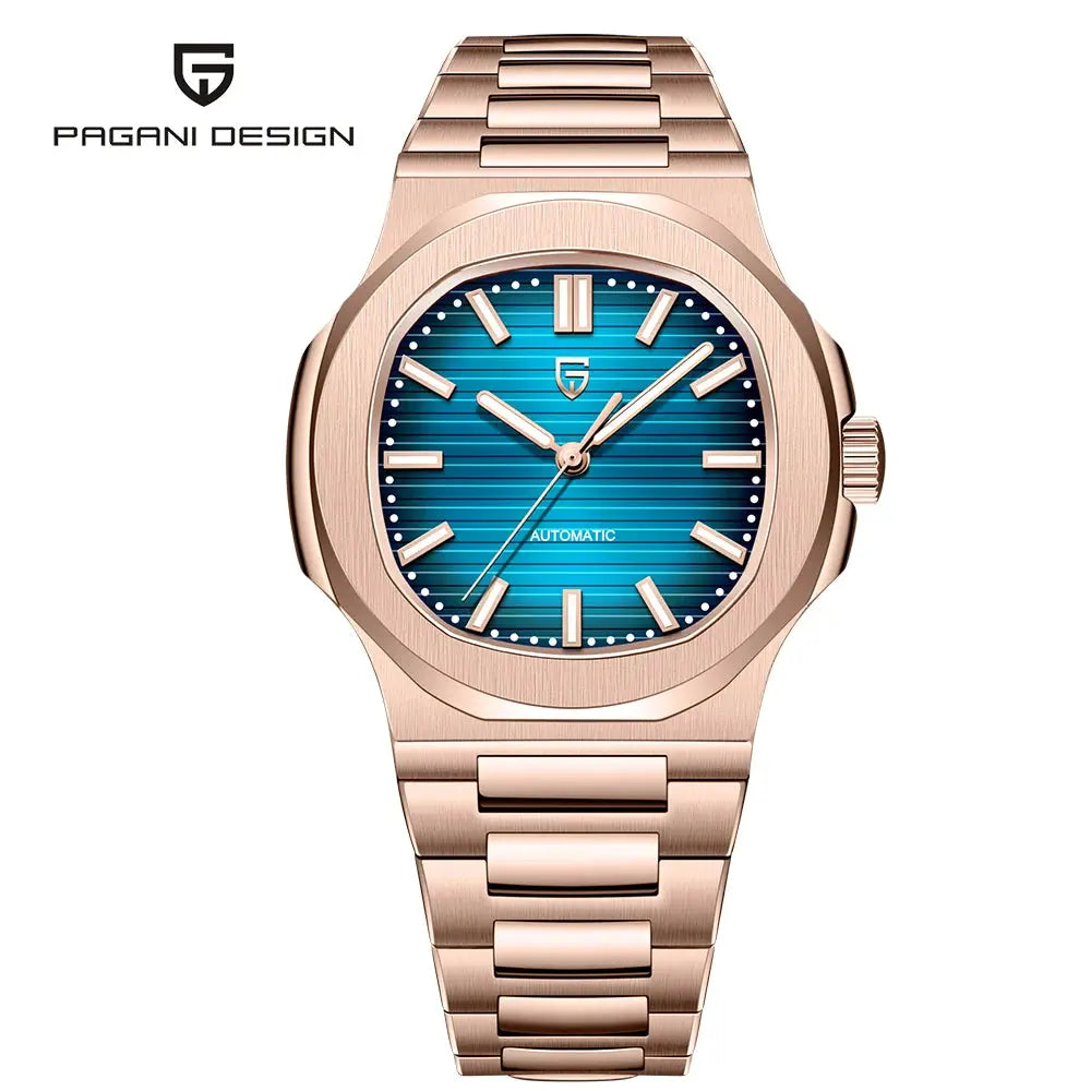 Pagani Design men's luxury automatic watch in rose gold stainless steel with blue striped dial