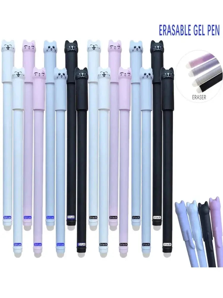 12pcs cat-themed erasable gel pen set, 0.5mm, pastel blue, pink and black ink with cat-shaped caps