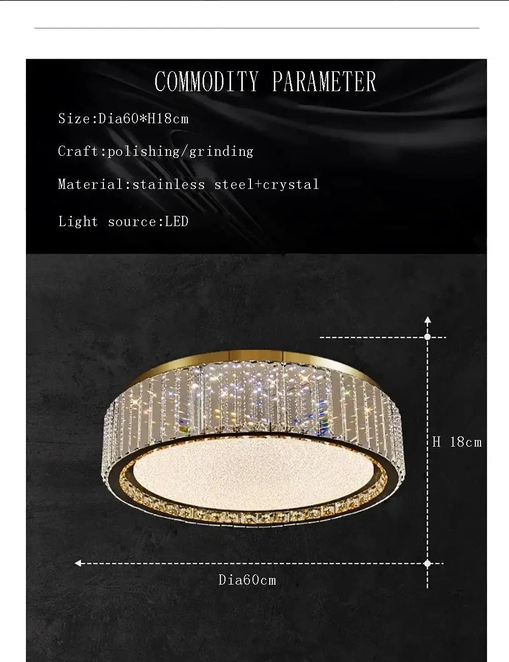 Simples Market Light Luxury Crystal Ceiling Lamp, gold ring with crystal strands, 60cm dia, 18cm high, LED