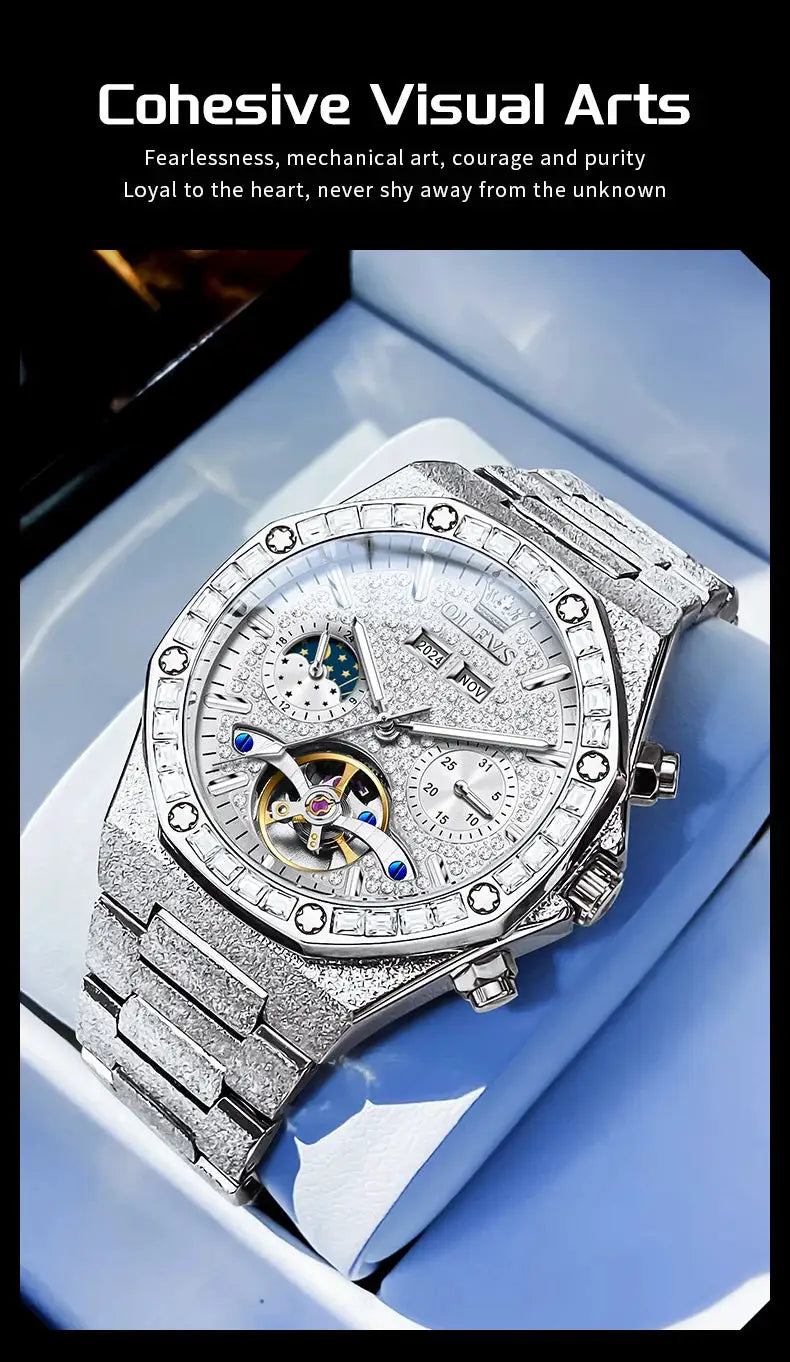 OLEVS men's silver-tone stainless steel luxury watch with diamond pavé and tourbillon skeleton dial