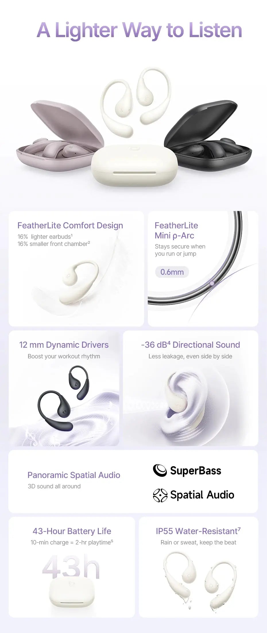 Baseus BF1 Lite open-ear wireless earbuds with earhooks; white/cream, shown with 3 cases in lavender, white and black