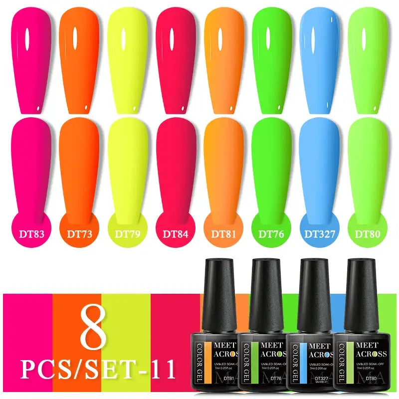 MEET ACROSS 8-pc glitter gel nail polish set; 8 soak-off UV bottles in bright pink/orange/yellow/green/blue