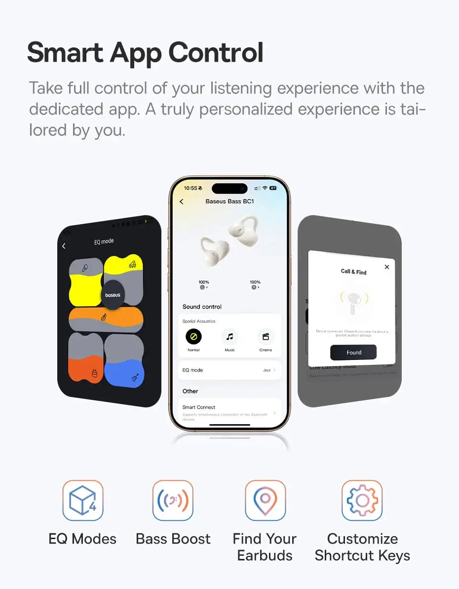 Baseus BC1 ear clip open-ear wireless earbuds, white; 4-mics, Bluetooth 6.0 with app control interface