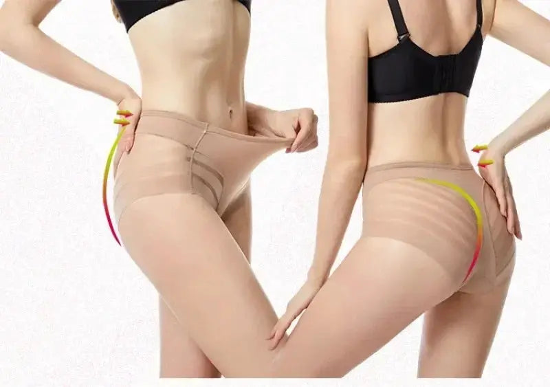 High-waist seamless shapewear briefs in beige; two models wear them