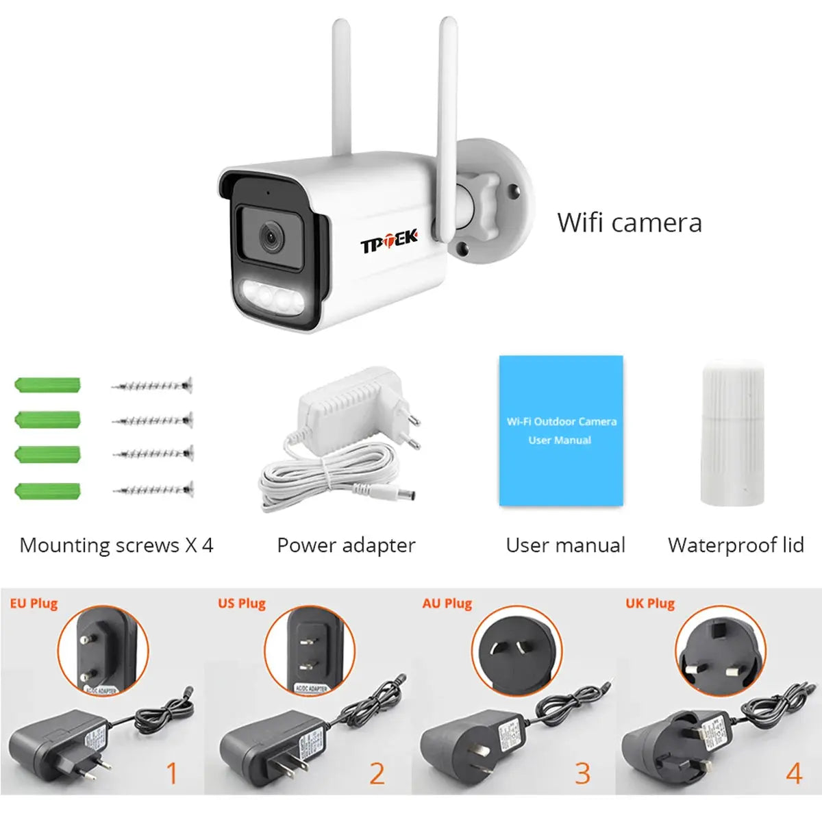 Outdoor WiFi security camera, 4K 8MP, white waterproof bullet with dual antennas; includes power adapter.
