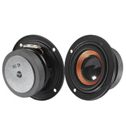 Two 63mm 4Ω 5W round bass speakers in black metal housings with copper rings.