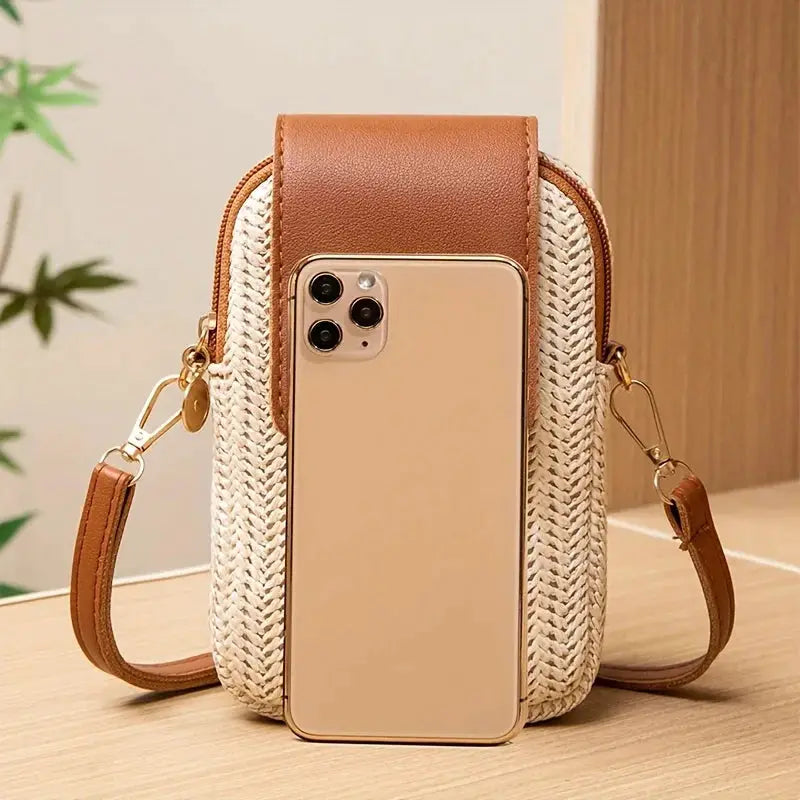 Casual Street Style Cute Mini Crossbody Phone Bag by Simples Market, straw-woven with brown leather trim.