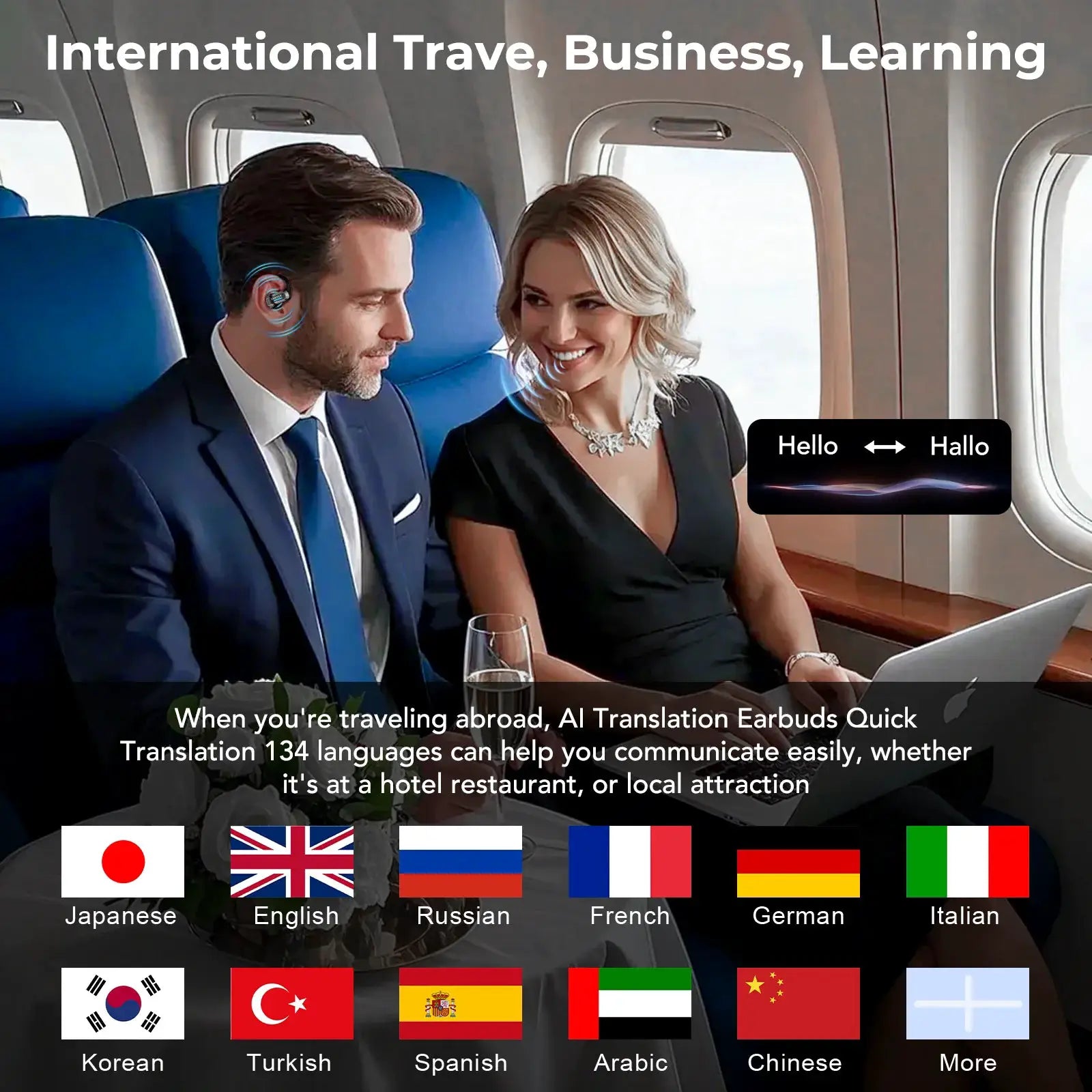ERAZER X8 AI Translator Earbuds, blue-accent wireless Bluetooth 5.4 earbuds with mic in airplane cabin