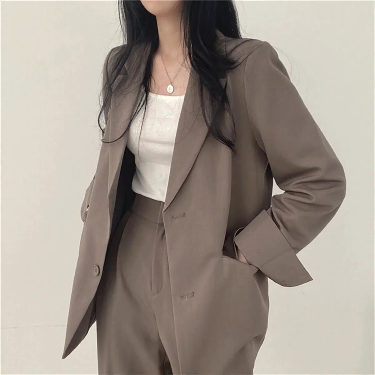 Simples Market taupe women's blazer and wide-leg pants suit set for office wear