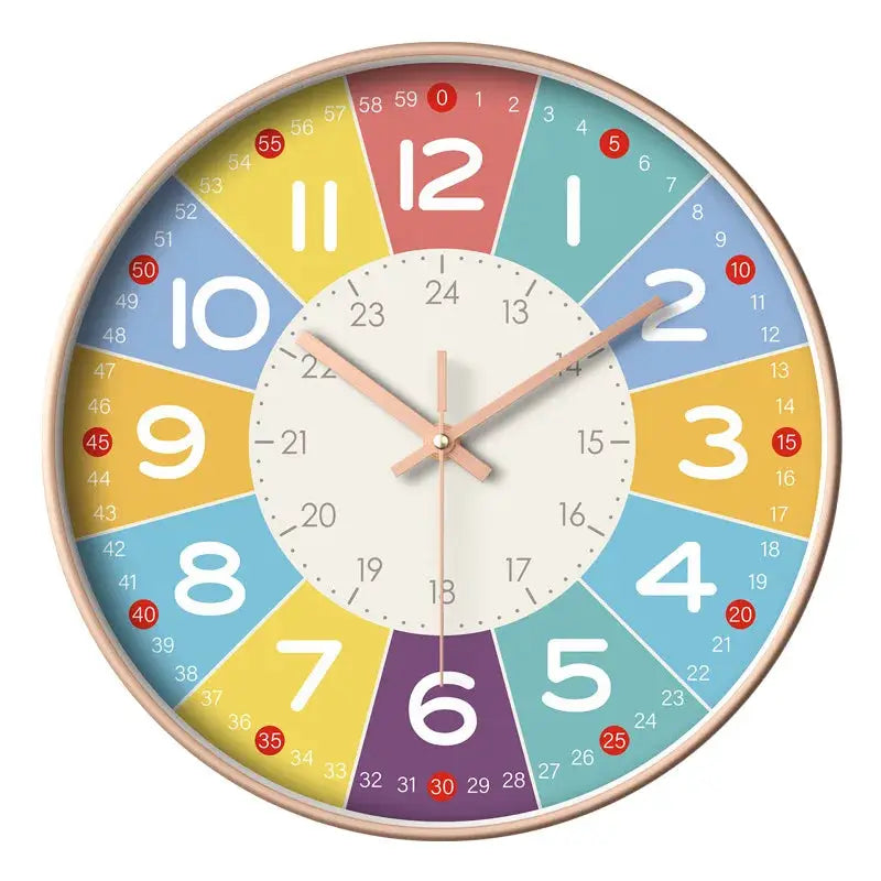 8-inch silent teaching time clock for kids by Simples Market, colorful analog wall clock with bright numbered segments.