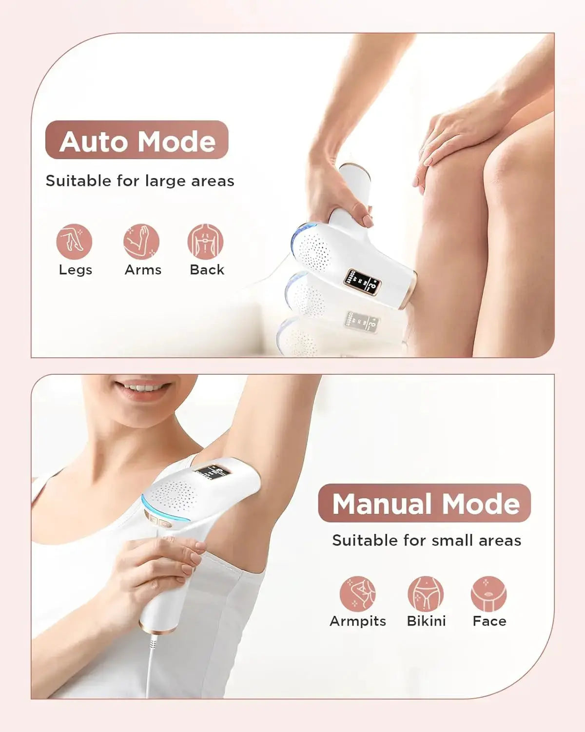 IPL hair removal device, white, with auto and manual modes for legs, arms, back, armpits, bikini and face for home use.