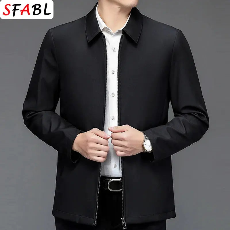Men's black casual business jacket blazer with zip front, worn over a white shirt; SFABL logo visible.