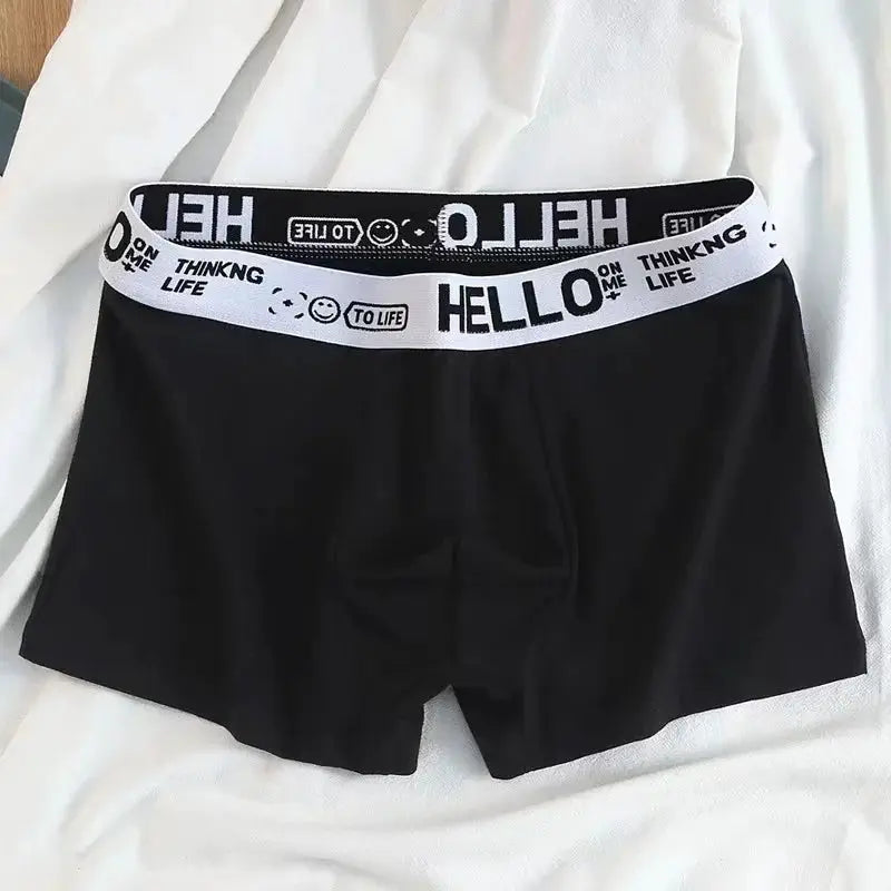 Men's black boxer shorts with a white elastic waistband printed HELLO and THINKING LIFE