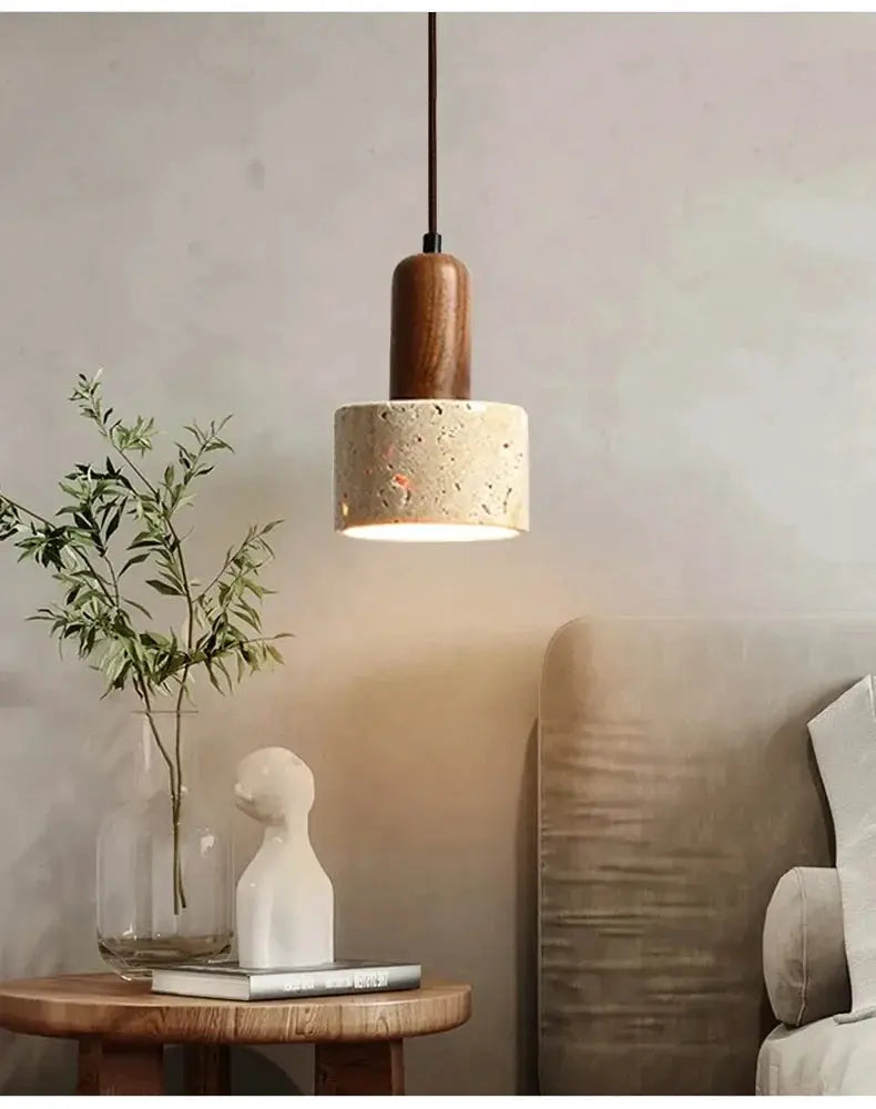 Simples Market travertine droplight pendant lamp with beige speckled shade and wooden top