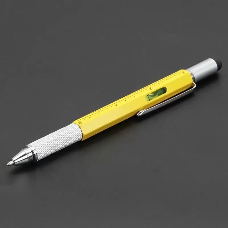 Simples Market 7 in1 multifunction ballpoint pen; yellow body with built-in ruler and spirit level
