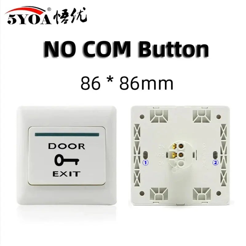 Door exit push button switch NO COM, white plastic 86x86mm; Simples Market, front and back views