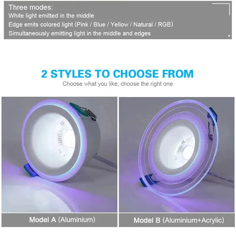 LED Downlight 9W by Simples Market, 2 styles: Model A aluminium and Model B aluminium+acrylic with purple glow