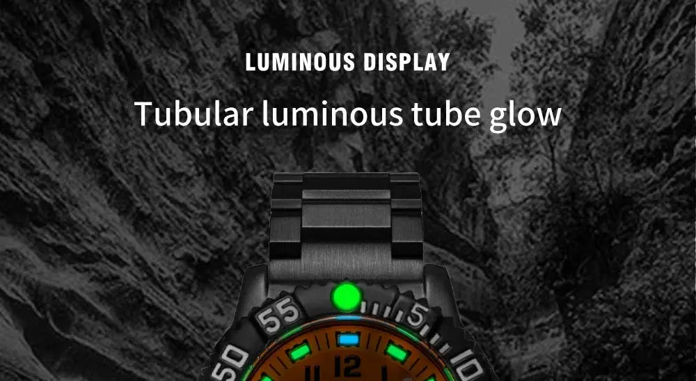 ADDIESDIVE luxury men's quartz watch with stainless steel strap, orange dial and luminous tube glow.