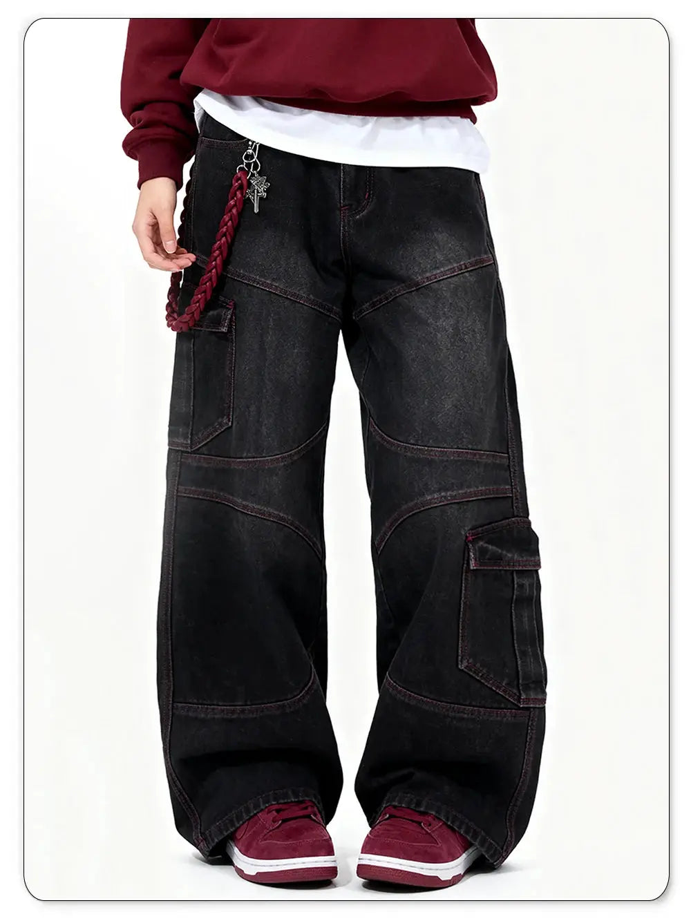 Simples Market men's wide-leg cargo jeans in black denim with red contrast stitching and multiple pockets