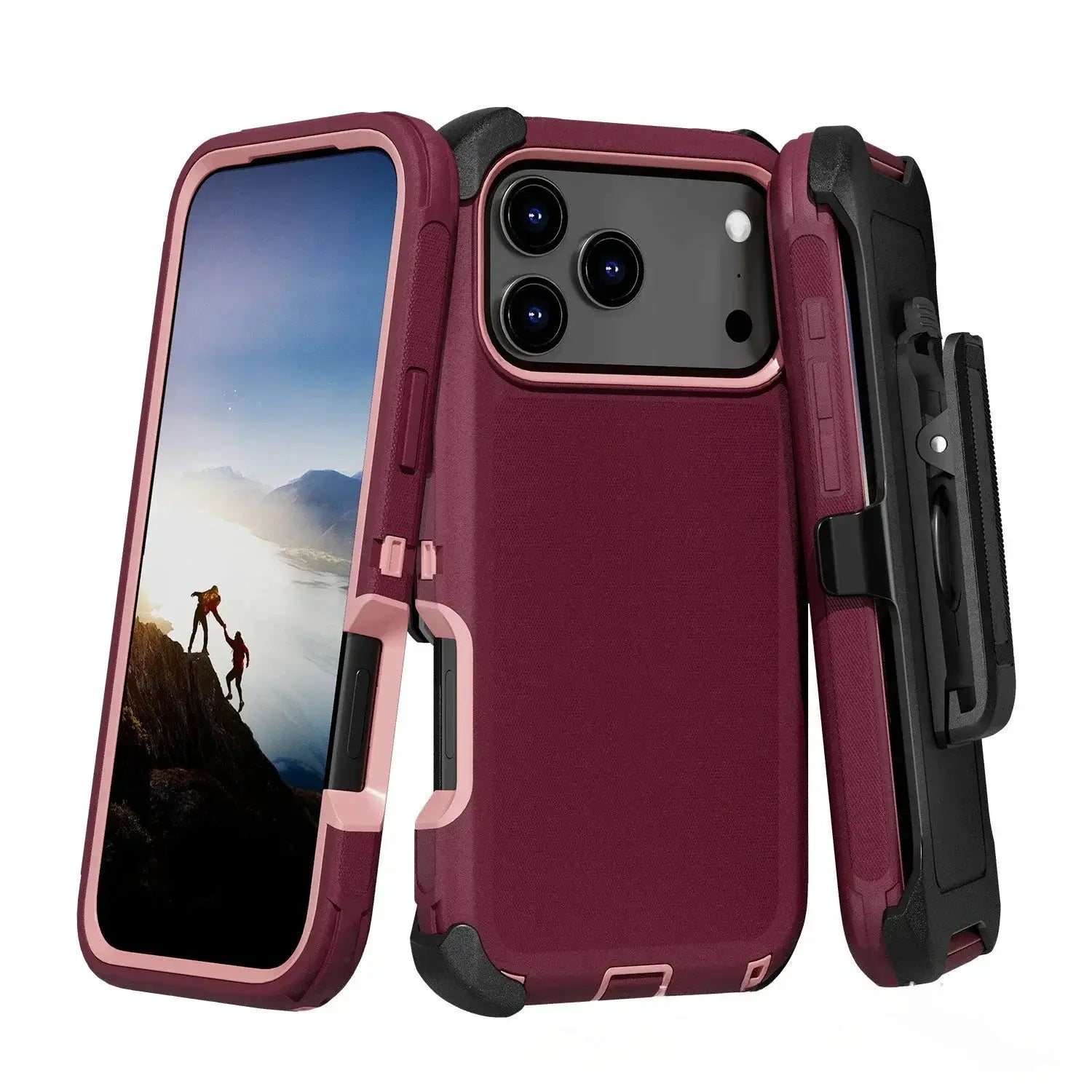 Simples Market rugged shockproof iPhone case with belt clip, two-tone burgundy pink armor shell for iPhone 17–14 Pro Max