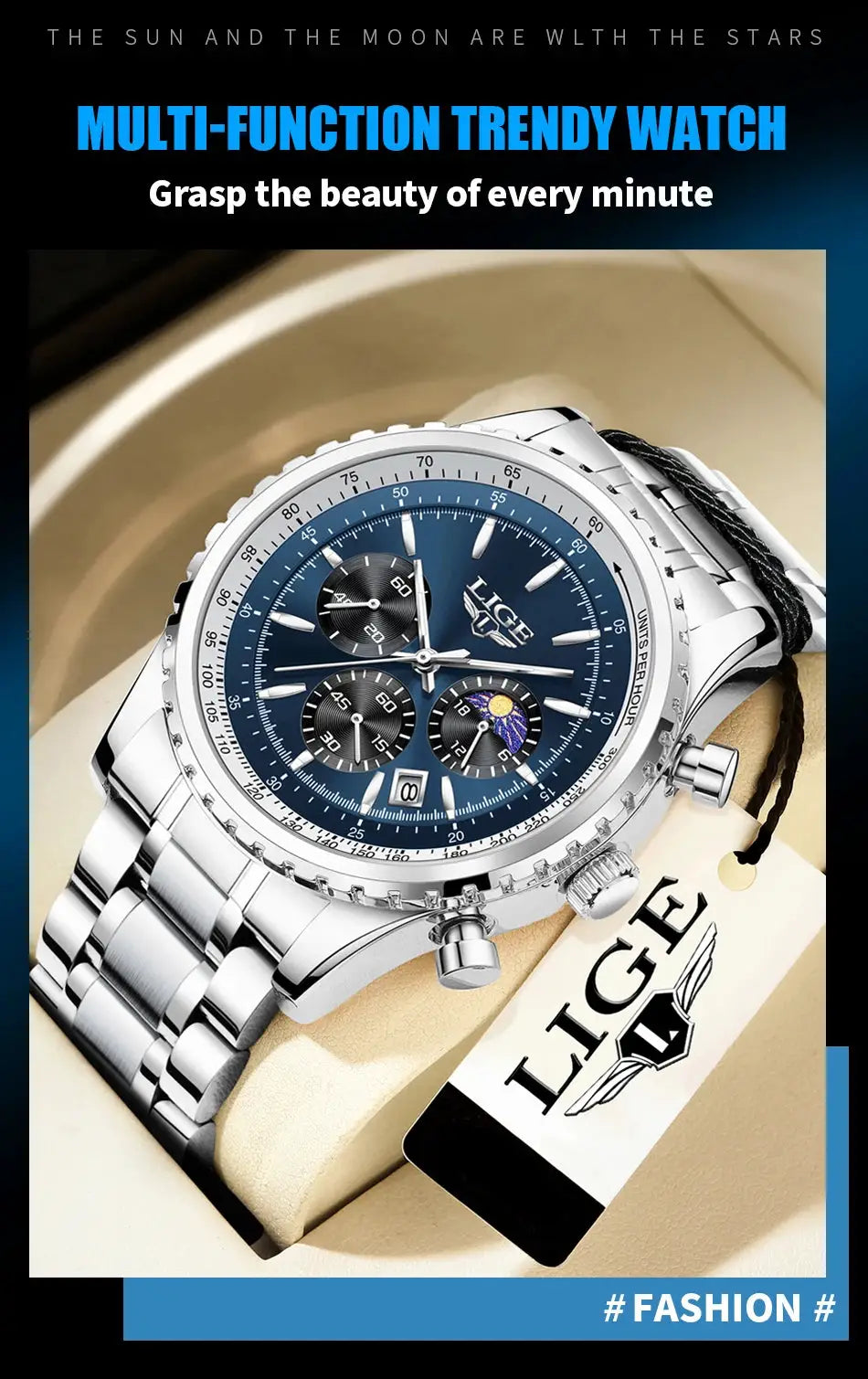 LIGE men's luxury stainless steel watch with blue dial, chronograph subdials and date window