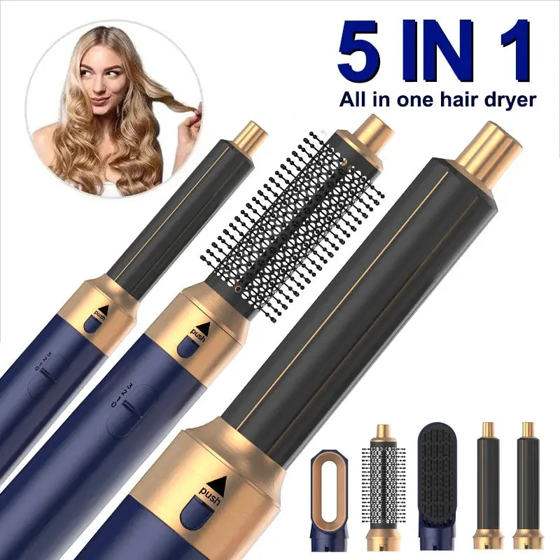 5 in 1 hair dryer styler set by Simples Market with blue and gold finish and multiple attachments