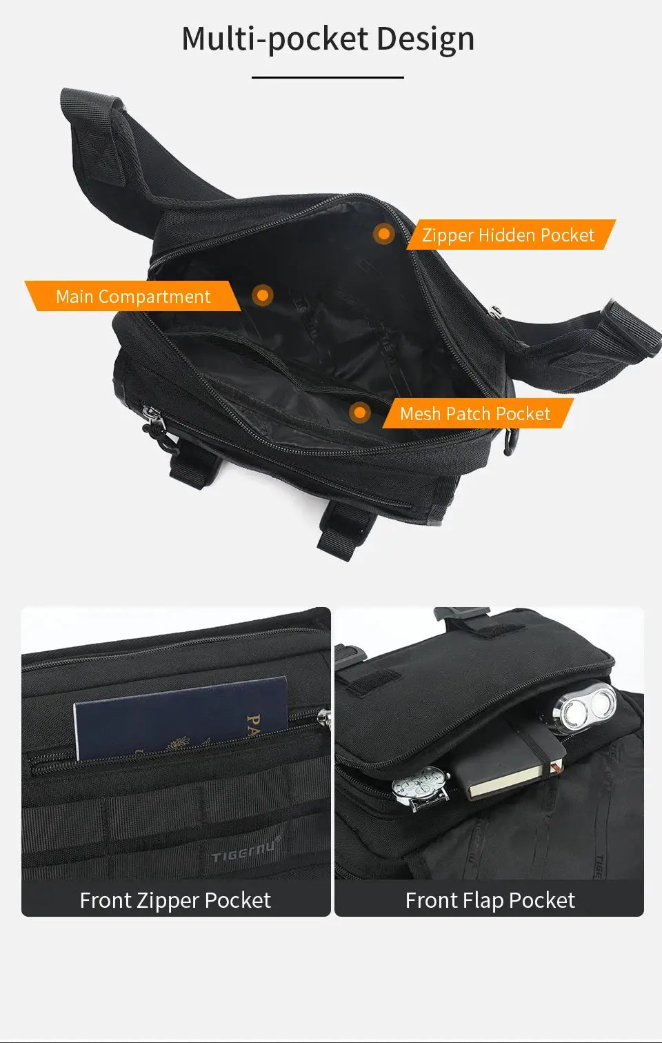 Black Tigernu men's chest bag with multiple pockets including front zipper and front flap pockets
