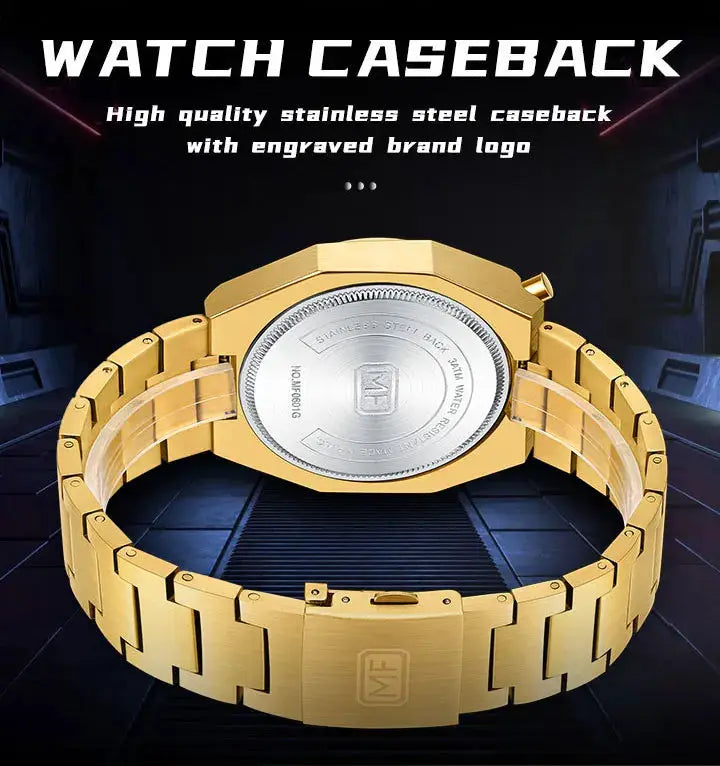 MINI FOCUS chronograph watch for men, gold-tone stainless steel bracelet with MF logo on case back