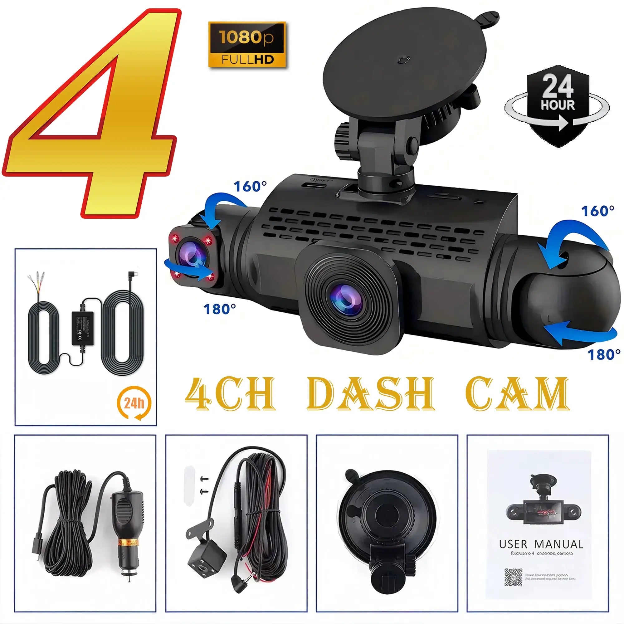 Simples Market 4-Channel dash cam, black, 1080p FHD with front/left/right/rear cameras and hardwire kit